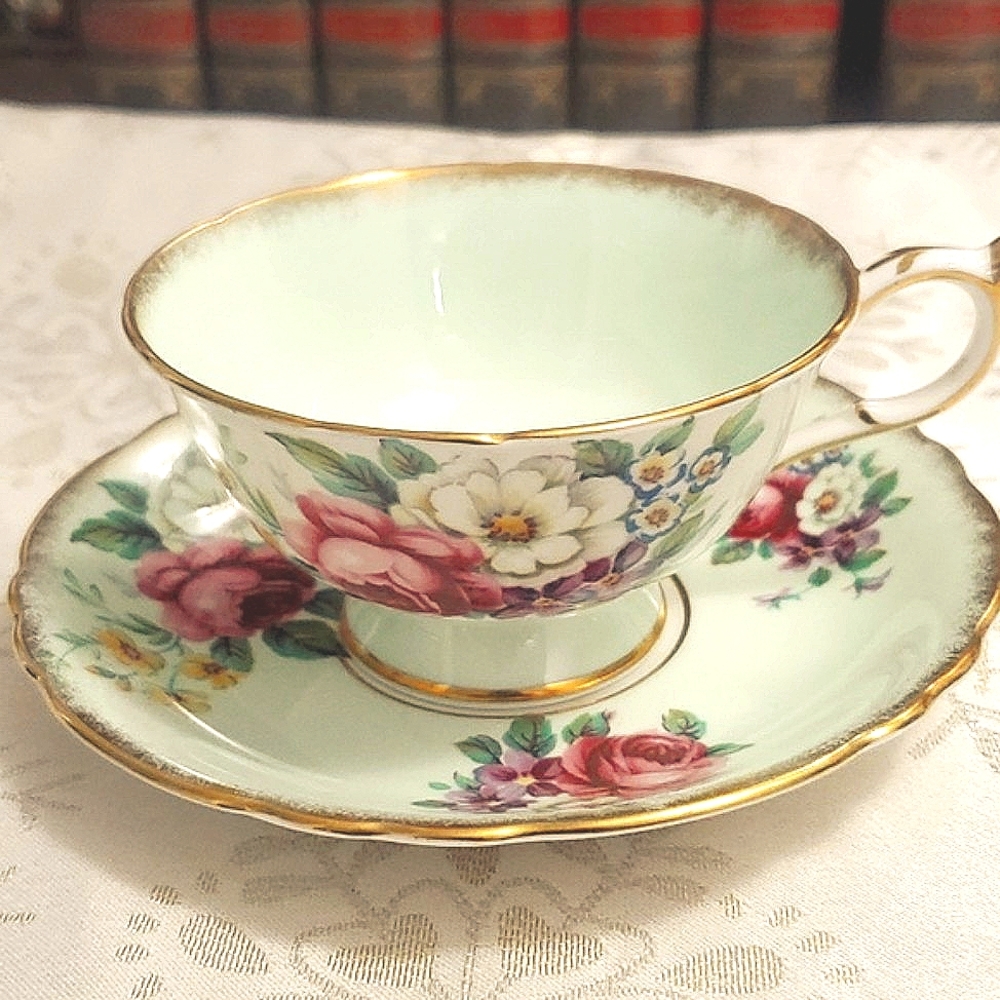 PARAGON Vintage Teacup and Saucer Roses & Flowers Soft Green